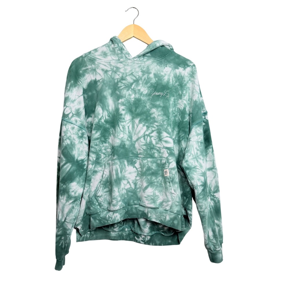 YoungLA Women Green Tie Dye Paisley Graphic Hoodie Sweatshirt XL Relaxed Fit